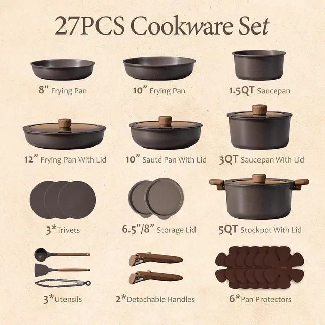 Alt view image 2 of 7 - 27-Piece Pots and Pans Set Non Stick with Detachable Handle, Nonstick Cookware Sets, Kitchen Cooking Set - Camping Cookware, Dishwasher & Oven Safe, Induction Compatible