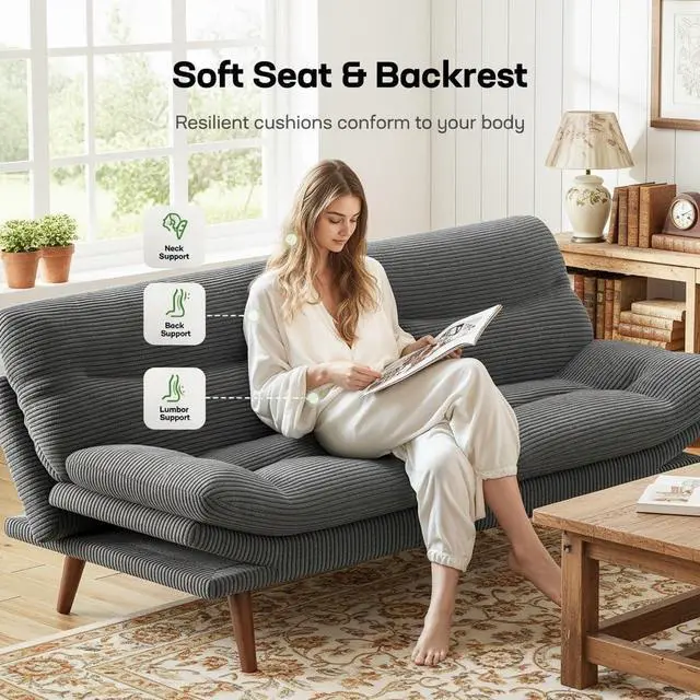 Alt view image 4 of 7 - 66" Futon Sofa Bed, Convertible Corduroy Futon Couch with Adjustable Backrest & Armrests, Small Sleeper Sofa Loveseat for Living Room, Apartment, Office, Light Gray