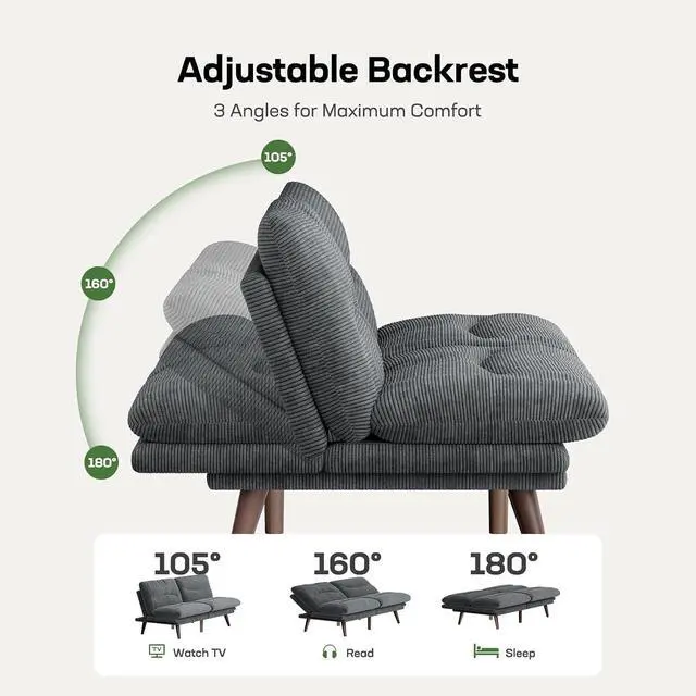 Alt view image 3 of 7 - 66" Futon Sofa Bed, Convertible Corduroy Futon Couch with Adjustable Backrest & Armrests, Small Sleeper Sofa Loveseat for Living Room, Apartment, Office, Light Gray