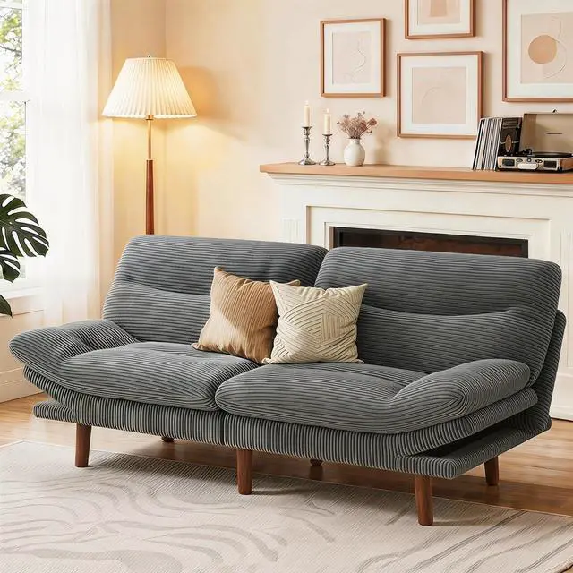 Main image of 66" Futon Sofa Bed, Convertible Corduroy Futon Couch with Adjustable Backrest & Armrests, Small Sleeper Sofa Loveseat for Living Room, Apartment, Office, Light Gray