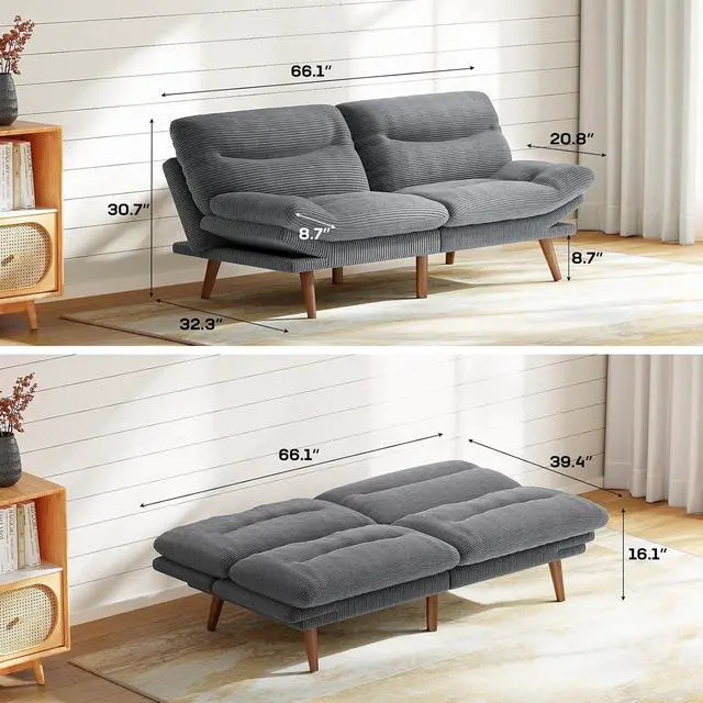 Alt view image 2 of 7 - 66" Futon Sofa Bed, Convertible Corduroy Futon Couch with Adjustable Backrest & Armrests, Small Sleeper Sofa Loveseat for Living Room, Apartment, Office, Light Gray