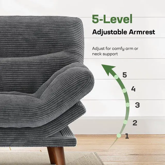 Alt view image 5 of 7 - 66" Futon Sofa Bed, Convertible Corduroy Futon Couch with Adjustable Backrest & Armrests, Small Sleeper Sofa Loveseat for Living Room, Apartment, Office, Light Gray