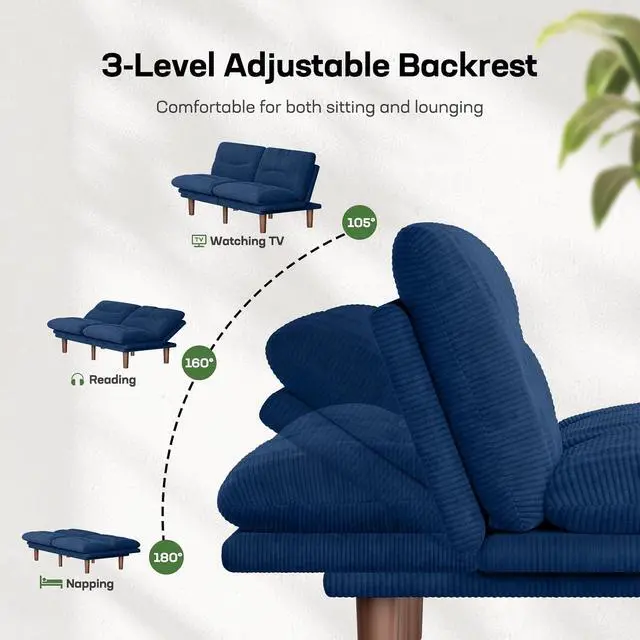 Alt view image 3 of 7 - 66" Futon Sofa Bed, Convertible Corduroy Futon Couch with Adjustable Backrest & Armrests, Small Sleeper Sofa Loveseat for Living Room, Apartment, Blue