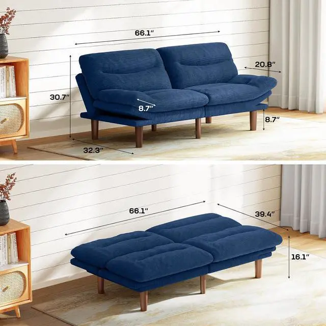 Alt view image 2 of 7 - 66" Futon Sofa Bed, Convertible Corduroy Futon Couch with Adjustable Backrest & Armrests, Small Sleeper Sofa Loveseat for Living Room, Apartment, Blue