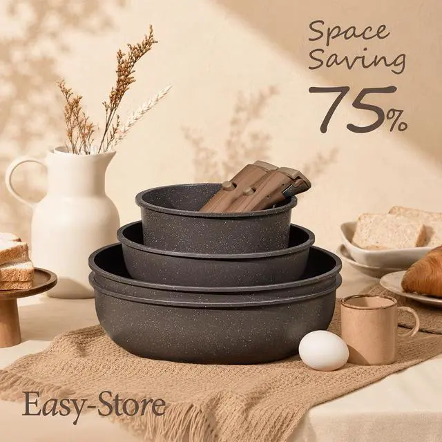 Alt view image 4 of 7 - 27-Piece Pots and Pans Set Non Stick with Detachable Handle, Nonstick Cookware Sets, Kitchen Cooking Set - Camping Cookware, Dishwasher & Oven Safe, Induction Compatible