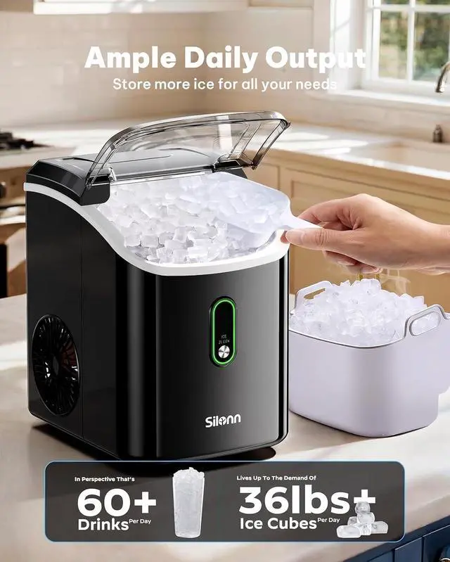 Alt view image 3 of 7 - Nugget Ice Maker Countertop, Pellet Ice Machine with Self-Cleaning Function, Sonic Ice Maker Produces 36lbs of Chewable Ice in 24 Hours, Ideal for Home Kitchen and Office (Black)