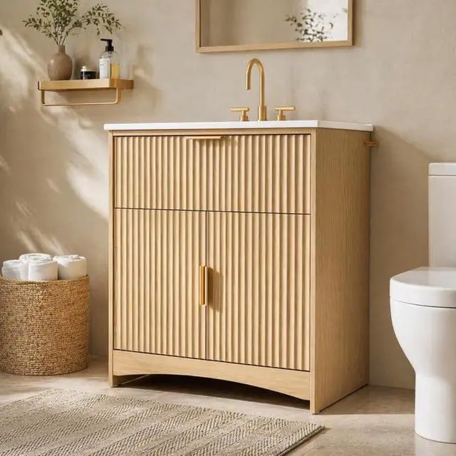Main image of 30 Inch Bathroom Vanity with Ceramic Sink, Freestanding Bathroom Sink Cabinet with Fluted Doors, 2 Doors and 1 Drawer, Adjustable Shelf, Modern Bathroom Storage Combo, Natural Oak