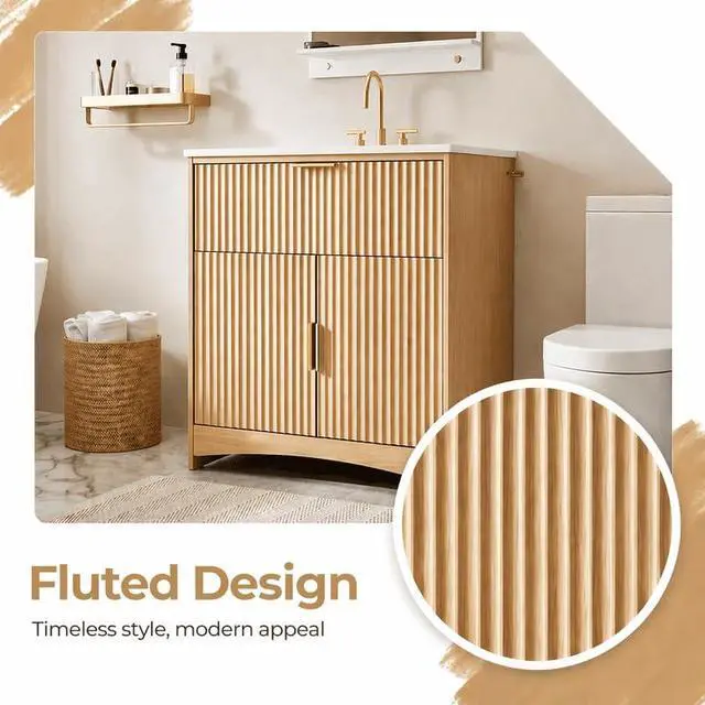 Alt view image 4 of 7 - 30 Inch Bathroom Vanity with Ceramic Sink, Freestanding Bathroom Sink Cabinet with Fluted Doors, 2 Doors and 1 Drawer, Adjustable Shelf, Modern Bathroom Storage Combo, Natural Oak