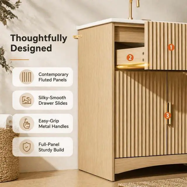 Alt view image 7 of 7 - 30 Inch Bathroom Vanity with Ceramic Sink, Freestanding Bathroom Sink Cabinet with Fluted Doors, 2 Doors and 1 Drawer, Adjustable Shelf, Modern Bathroom Storage Combo, Natural Oak