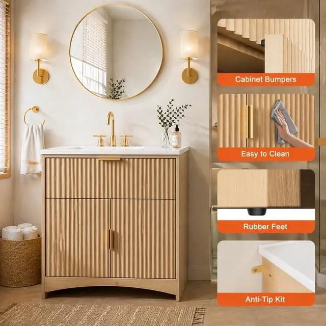 Alt view image 6 of 7 - 30 Inch Bathroom Vanity with Ceramic Sink, Freestanding Bathroom Sink Cabinet with Fluted Doors, 2 Doors and 1 Drawer, Adjustable Shelf, Modern Bathroom Storage Combo, Natural Oak