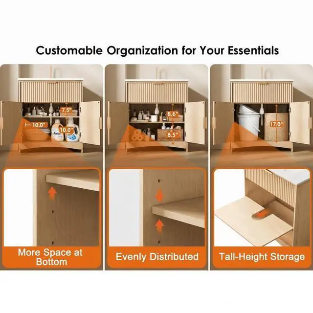 Alt view image 5 of 7 - 30 Inch Bathroom Vanity with Ceramic Sink, Freestanding Bathroom Sink Cabinet with Fluted Doors, 2 Doors and 1 Drawer, Adjustable Shelf, Modern Bathroom Storage Combo, Natural Oak