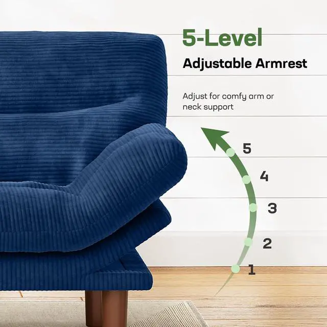Alt view image 4 of 7 - 66" Futon Sofa Bed, Convertible Corduroy Futon Couch with Adjustable Backrest & Armrests, Small Sleeper Sofa Loveseat for Living Room, Apartment, Blue