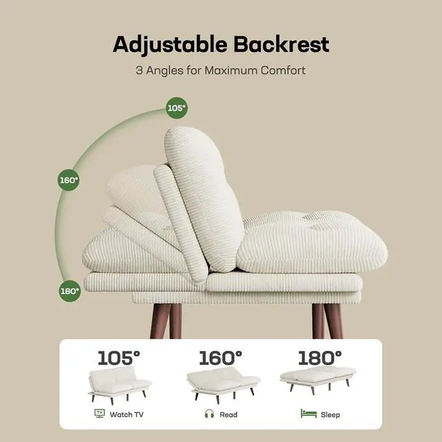 Alt view image 3 of 7 - 66" Futon Sofa Bed, Convertible Corduroy Futon Couch with Adjustable Backrest & Armrests, Small Sleeper Sofa Loveseat for Living Room, Apartment, Office, White