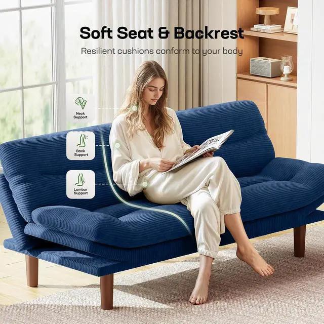 Alt view image 6 of 7 - 66" Futon Sofa Bed, Convertible Corduroy Futon Couch with Adjustable Backrest & Armrests, Small Sleeper Sofa Loveseat for Living Room, Apartment, Blue