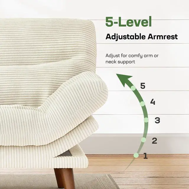 Alt view image 6 of 7 - 66" Futon Sofa Bed, Convertible Corduroy Futon Couch with Adjustable Backrest & Armrests, Small Sleeper Sofa Loveseat for Living Room, Apartment, Office, White
