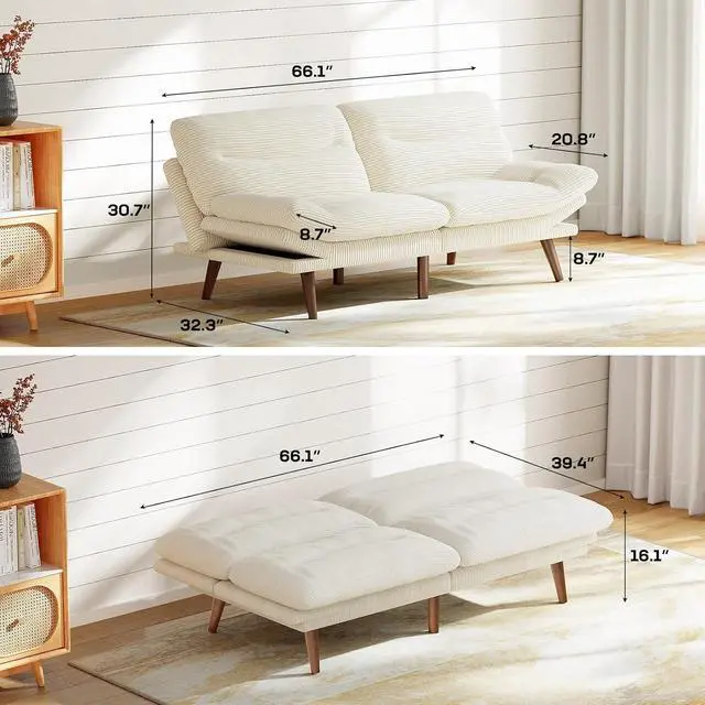 Alt view image 2 of 7 - 66" Futon Sofa Bed, Convertible Corduroy Futon Couch with Adjustable Backrest & Armrests, Small Sleeper Sofa Loveseat for Living Room, Apartment, Office, White