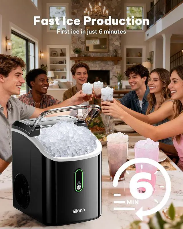 Alt view image 5 of 7 - Nugget Ice Maker Countertop, Pellet Ice Machine with Self-Cleaning Function, Sonic Ice Maker Produces 36lbs of Chewable Ice in 24 Hours, Ideal for Home Kitchen and Office (Black)