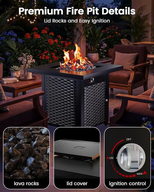 Alt view image 4 of 7 - 28 Inch Propane Fire Pit CSA-Listed Outdoor Fire Pit Table, 50,000 BTU Steel Gas Fire Pits with Lid and Lava Rock, Add Warmth and Ambience to Parties On Patio Deck Garden,Black,CIFPT3-N1