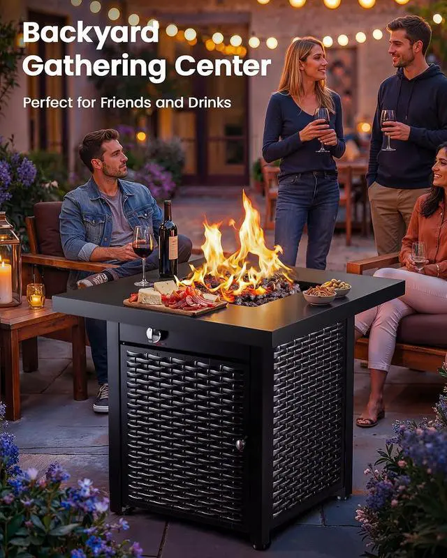 Alt view image 2 of 7 - 28 Inch Propane Fire Pit CSA-Listed Outdoor Fire Pit Table, 50,000 BTU Steel Gas Fire Pits with Lid and Lava Rock, Add Warmth and Ambience to Parties On Patio Deck Garden,Black,CIFPT3-N1