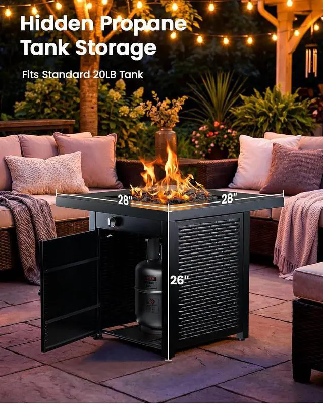 Alt view image 3 of 7 - 28 Inch Propane Fire Pit CSA-Listed Outdoor Fire Pit Table, 50,000 BTU Steel Gas Fire Pits with Lid and Lava Rock, Add Warmth and Ambience to Parties On Patio Deck Garden,Black,CIFPT3-N1