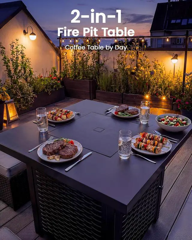 Alt view image 6 of 7 - 28 Inch Propane Fire Pit CSA-Listed Outdoor Fire Pit Table, 50,000 BTU Steel Gas Fire Pits with Lid and Lava Rock, Add Warmth and Ambience to Parties On Patio Deck Garden,Black,CIFPT3-N1