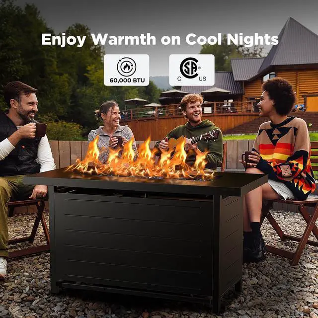Alt view image 2 of 6 - 43 Propane Fire Pit with Glass Beads & Lid, 60,000 BTU CSA-Certified Gas Fire Pits with Cup Holders, Hanging Shelf & Nylon Cover, Large Fire Pit Table for Patio/Porch/Deck, Black