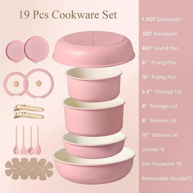 Alt view image 2 of 7 - Pots and Pans Set, Nonstick Cookware Set Detachable Handle, 19pcs Induction Kitchen Cookware Sets Non Stick with Removable Handle, RV Cookware Set, Oven Safe, Pink
