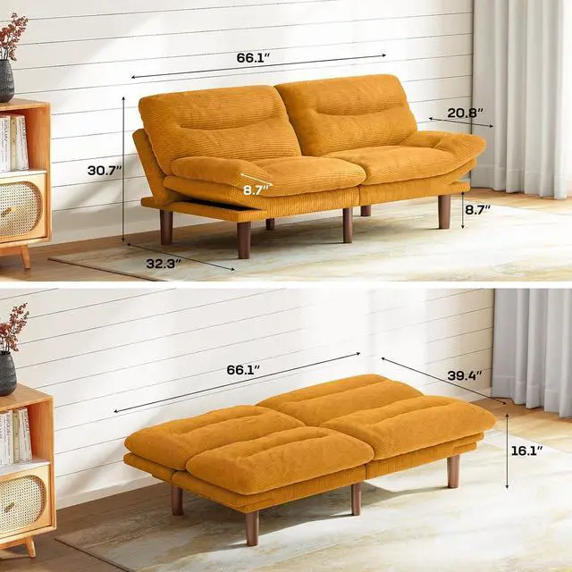 Alt view image 2 of 7 - 66" Futon Sofa Bed, Convertible Corduroy Futon Couch with Adjustable Backrest & Armrests, Small Sleeper Sofa Loveseat for Living Room, Apartment, Office, Yellow