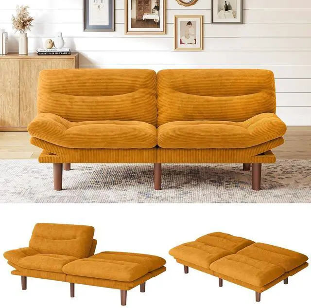 Main image of 66" Futon Sofa Bed, Convertible Corduroy Futon Couch with Adjustable Backrest & Armrests, Small Sleeper Sofa Loveseat for Living Room, Apartment, Office, Yellow