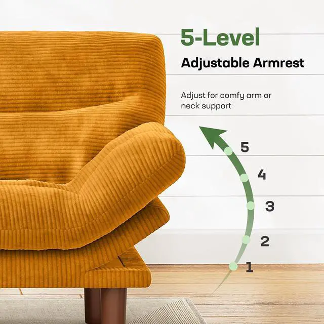 Alt view image 5 of 7 - 66" Futon Sofa Bed, Convertible Corduroy Futon Couch with Adjustable Backrest & Armrests, Small Sleeper Sofa Loveseat for Living Room, Apartment, Office, Yellow