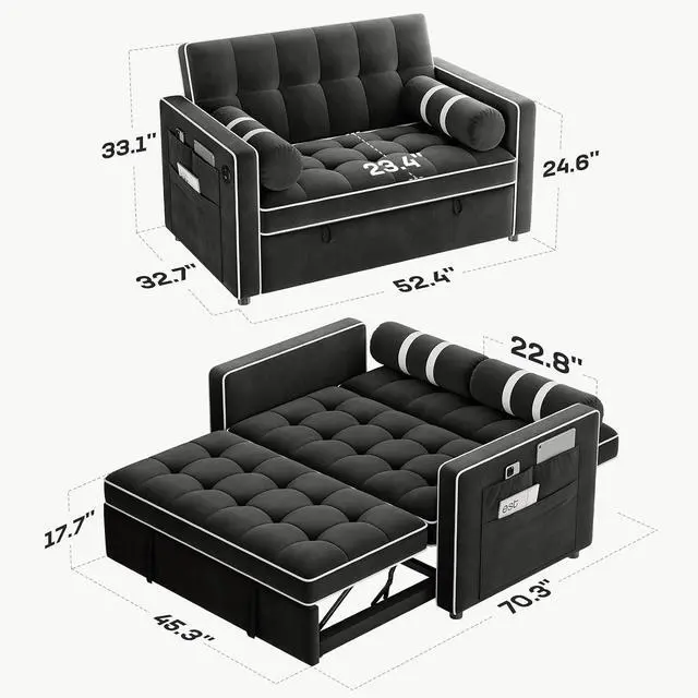 Alt view image 2 of 6 - 3-in-1 Convertible Futon Sleeper Sofa Bed, Pull Out Couch with Adjustable Backrest, USB Charging & Side Pockets, Velvet Fabric Sofa for Living Room, Apartment, Loveseat, Black