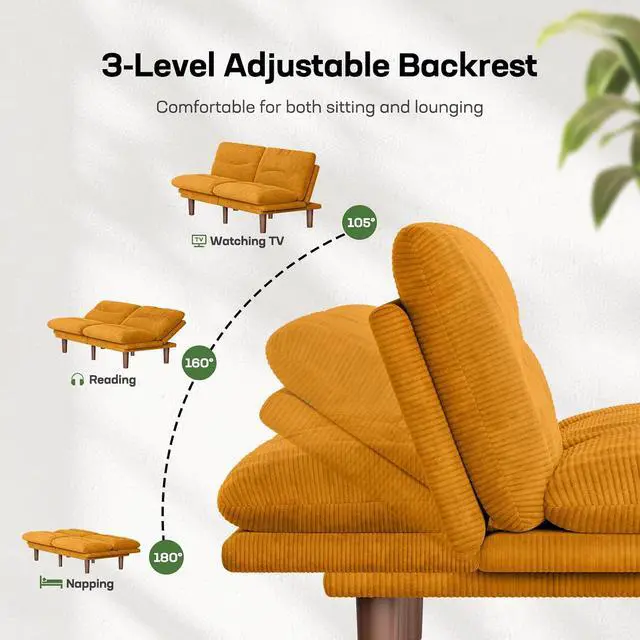 Alt view image 3 of 7 - 66" Futon Sofa Bed, Convertible Corduroy Futon Couch with Adjustable Backrest & Armrests, Small Sleeper Sofa Loveseat for Living Room, Apartment, Office, Yellow