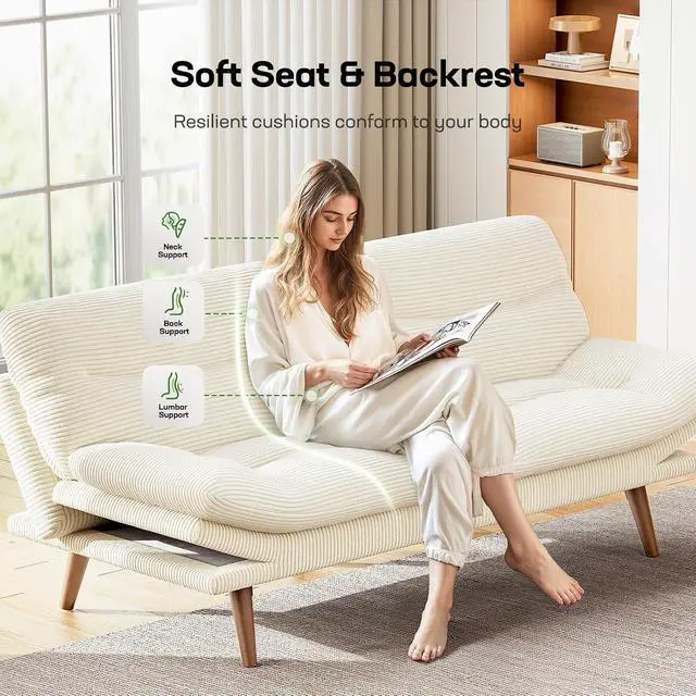 Alt view image 7 of 7 - 66" Futon Sofa Bed, Convertible Corduroy Futon Couch with Adjustable Backrest & Armrests, Small Sleeper Sofa Loveseat for Living Room, Apartment, Office, White