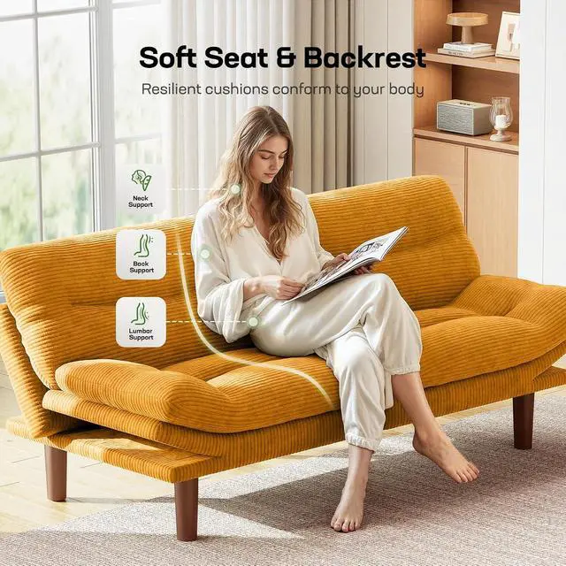 Alt view image 4 of 7 - 66" Futon Sofa Bed, Convertible Corduroy Futon Couch with Adjustable Backrest & Armrests, Small Sleeper Sofa Loveseat for Living Room, Apartment, Office, Yellow