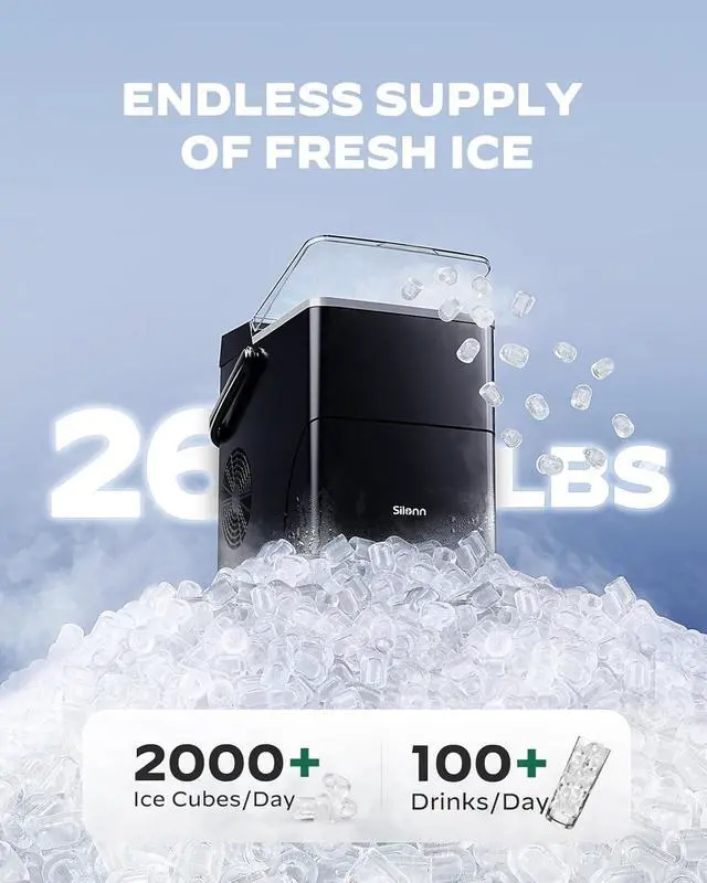 Alt view image 4 of 7 - Countertop Ice Maker with 2.5L Expandable Ice Basket, 26.5lbs/24H, 9 Cubes in 6 Mins, 2 Ice Sizes, Self-Cleaning & LED Touch Control for Home Kitchen Office