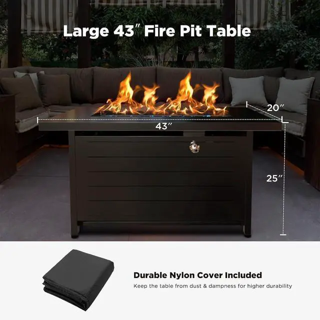 Alt view image 6 of 6 - 43 Propane Fire Pit with Glass Beads & Lid, 60,000 BTU CSA-Certified Gas Fire Pits with Cup Holders, Hanging Shelf & Nylon Cover, Large Fire Pit Table for Patio/Porch/Deck, Black