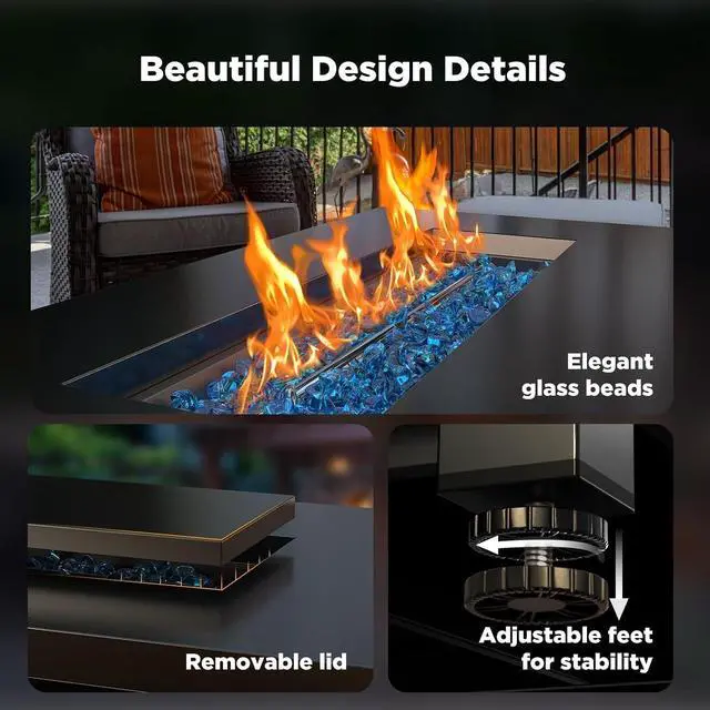 Alt view image 5 of 6 - 43 Propane Fire Pit with Glass Beads & Lid, 60,000 BTU CSA-Certified Gas Fire Pits with Cup Holders, Hanging Shelf & Nylon Cover, Large Fire Pit Table for Patio/Porch/Deck, Black