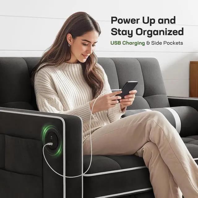 Alt view image 3 of 6 - 3-in-1 Convertible Futon Sleeper Sofa Bed, Pull Out Couch with Adjustable Backrest, USB Charging & Side Pockets, Velvet Fabric Sofa for Living Room, Apartment, Loveseat, Black