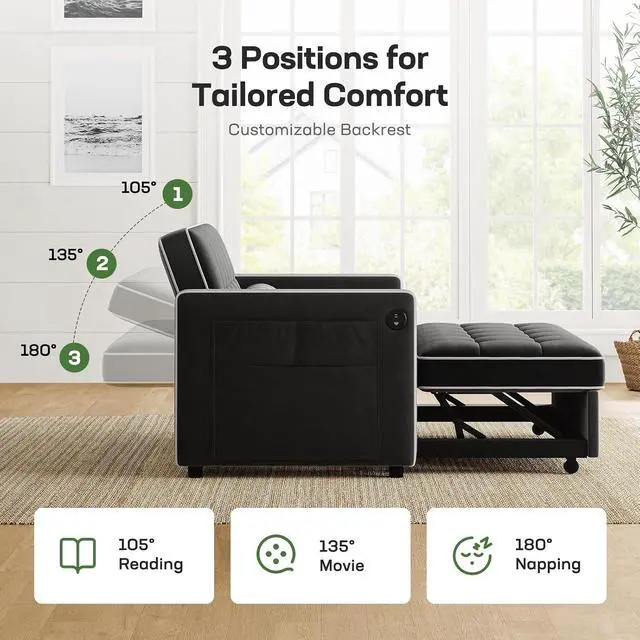 Alt view image 6 of 6 - 3-in-1 Convertible Futon Sleeper Sofa Bed, Pull Out Couch with Adjustable Backrest, USB Charging & Side Pockets, Velvet Fabric Sofa for Living Room, Apartment, Loveseat, Black