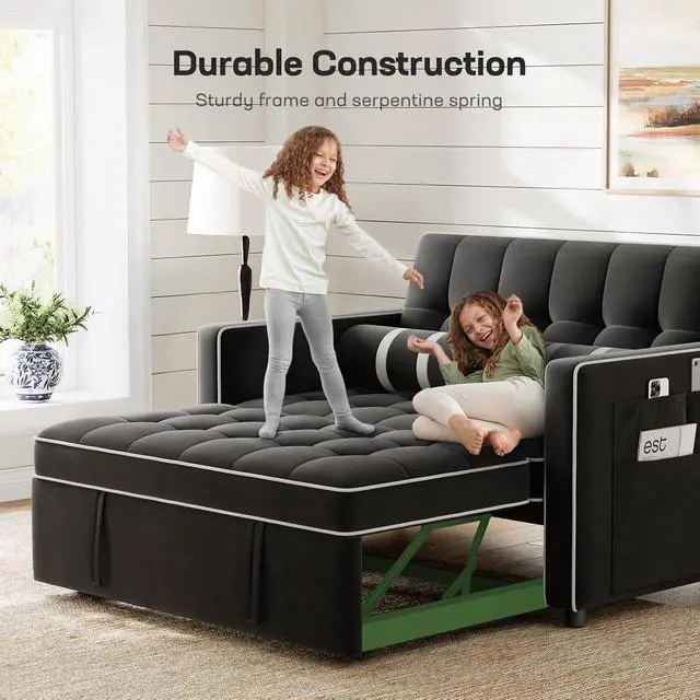 Alt view image 4 of 6 - 3-in-1 Convertible Futon Sleeper Sofa Bed, Pull Out Couch with Adjustable Backrest, USB Charging & Side Pockets, Velvet Fabric Sofa for Living Room, Apartment, Loveseat, Black