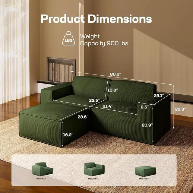 Alt view image 2 of 7 - 80" L-Shaped Modular Sectional Sofa with Removable Ottoman, 3 Seater Corduroy Cloud Boneless Couch with Deep Seat for Living Room, Green