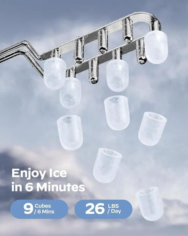 Alt view image 2 of 7 - Ice Maker Countertop, 9 Cubes Ready in 6 Mins, 26 lbs per Day, Ice Machine with 2 Ice Sizes and Self-Cleaning, Portable Ice Maker with Handle for Home, Kitchen, Camping, RV, Office, Black