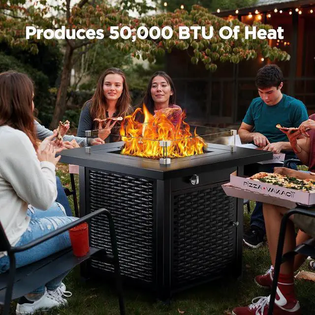 Alt view image 3 of 7 - Propane Fire Pit, 28 Outdoor Gas Fire Pit, 50,000 BTU Steel Fire Table with Glass Wind Guard, Lid & Lava Rock, Add Warmth and Ambience to Gatherings On Patio Deck Garden (2 Packages)