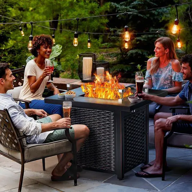Alt view image 2 of 7 - Propane Fire Pit, 28 Outdoor Gas Fire Pit, 50,000 BTU Steel Fire Table with Glass Wind Guard, Lid & Lava Rock, Add Warmth and Ambience to Gatherings On Patio Deck Garden (2 Packages)