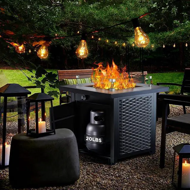 Alt view image 5 of 7 - Propane Fire Pit, 28 Outdoor Gas Fire Pit, 50,000 BTU Steel Fire Table with Glass Wind Guard, Lid & Lava Rock, Add Warmth and Ambience to Gatherings On Patio Deck Garden (2 Packages)