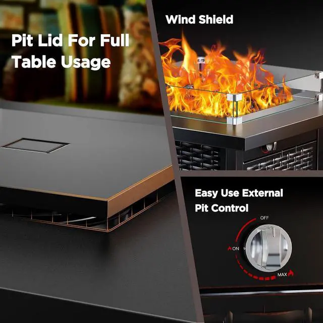 Alt view image 4 of 7 - Propane Fire Pit, 28 Outdoor Gas Fire Pit, 50,000 BTU Steel Fire Table with Glass Wind Guard, Lid & Lava Rock, Add Warmth and Ambience to Gatherings On Patio Deck Garden (2 Packages)