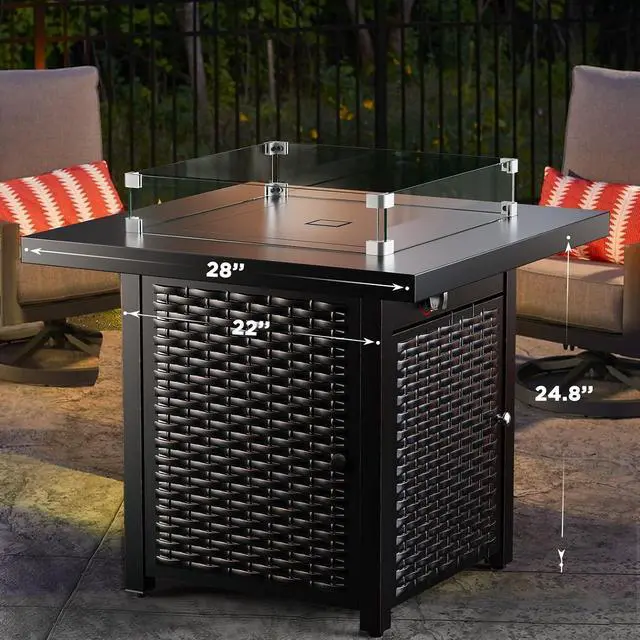 Alt view image 7 of 7 - Propane Fire Pit, 28 Outdoor Gas Fire Pit, 50,000 BTU Steel Fire Table with Glass Wind Guard, Lid & Lava Rock, Add Warmth and Ambience to Gatherings On Patio Deck Garden (2 Packages)