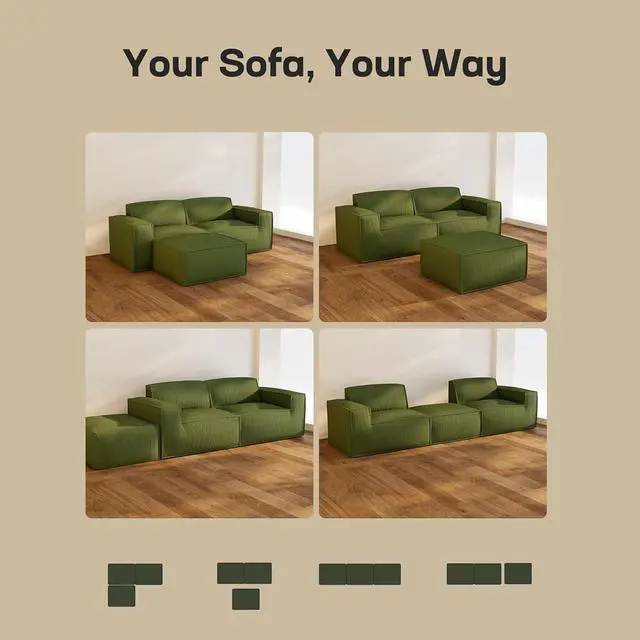 Alt view image 7 of 7 - 80" L-Shaped Modular Sectional Sofa with Removable Ottoman, 3 Seater Corduroy Cloud Boneless Couch with Deep Seat for Living Room, Green