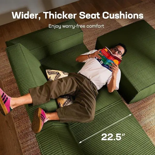 Alt view image 3 of 7 - 80" L-Shaped Modular Sectional Sofa with Removable Ottoman, 3 Seater Corduroy Cloud Boneless Couch with Deep Seat for Living Room, Green