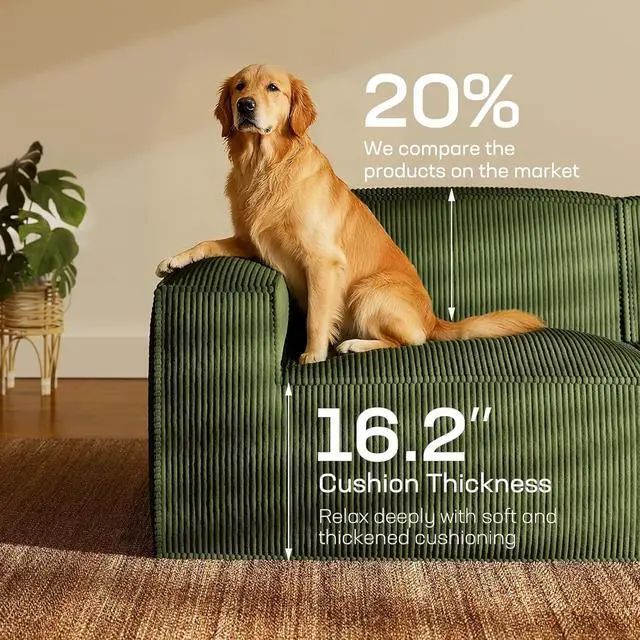 Alt view image 4 of 7 - 80" L-Shaped Modular Sectional Sofa with Removable Ottoman, 3 Seater Corduroy Cloud Boneless Couch with Deep Seat for Living Room, Green
